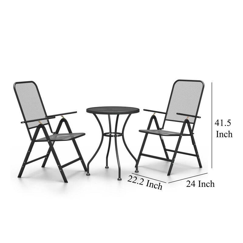 Troy 3pc Outdoor Foldable Dining Chair and Table Set, Mesh Gray Metal - Benzara