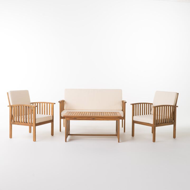 Sayan 4pc Outdoor Coffee Table Set, Loveseat, 2 Chairs, Beige, Brown - Benzara