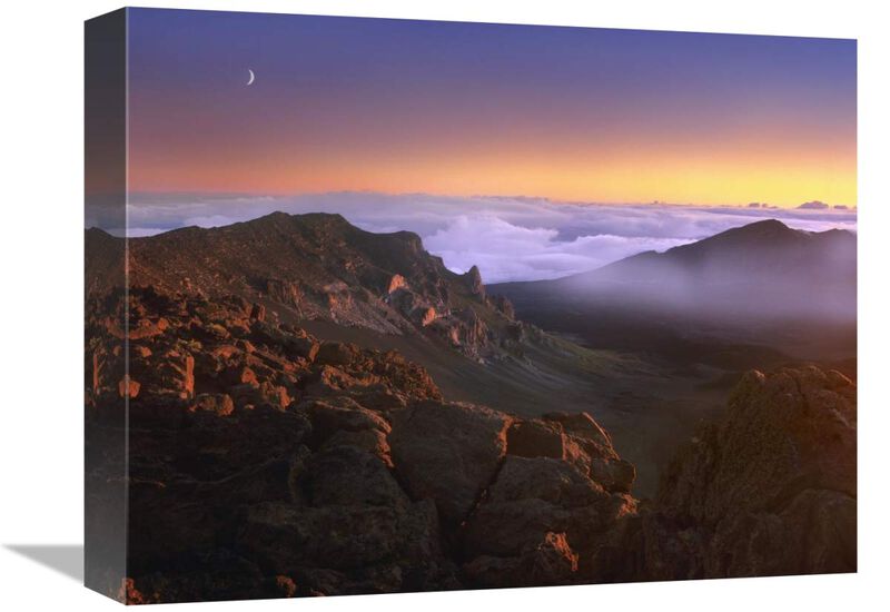 Sunrise and crescent moon overlooking Haleakala Crater, Maui, Hawaii-Canvas Art-16x12