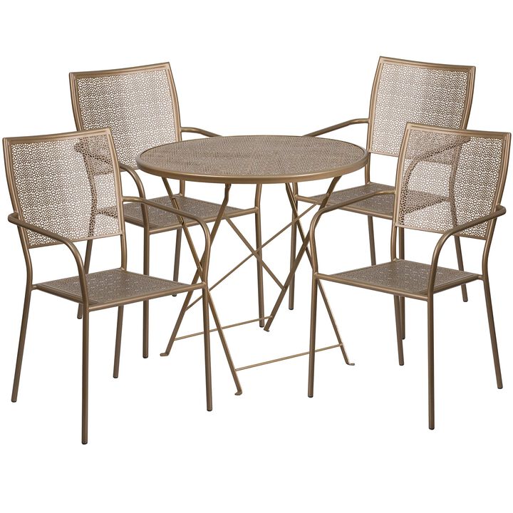 Flash Furniture Oia Commercial Grade 30" Round Gold Indoor-Outdoor Steel Folding Patio Table Set with 4 Square Back Chairs