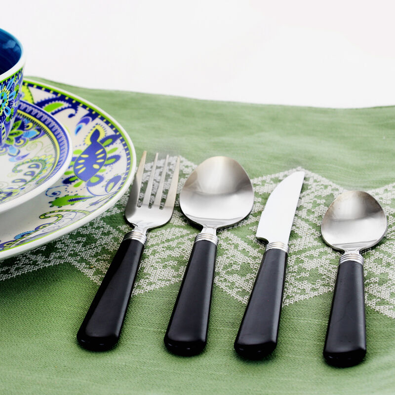 Gibson Sensations II 16 Piece Stainless Steel Flatware Set with Black Handles and Chrome Caddy