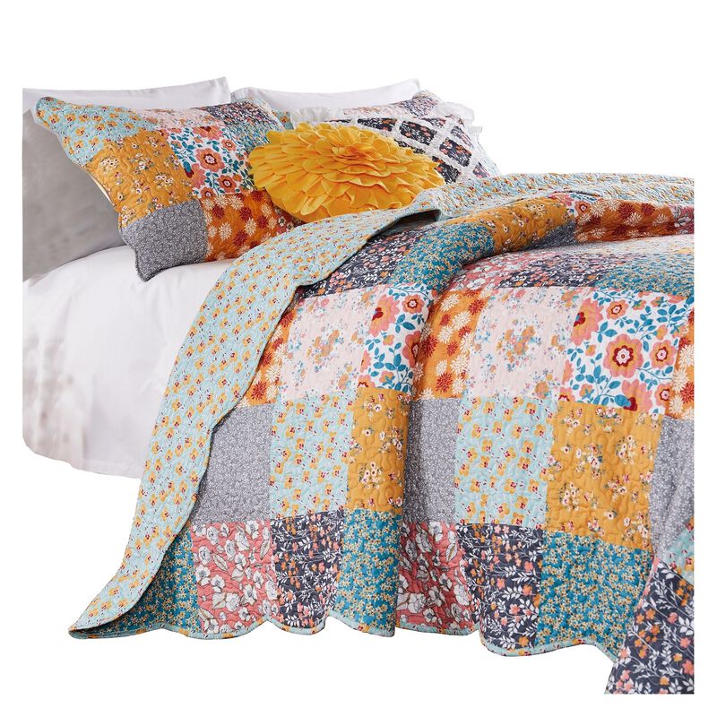 2 Piece Twin Quilt Set with Floral Print, Multicolor - Benzara