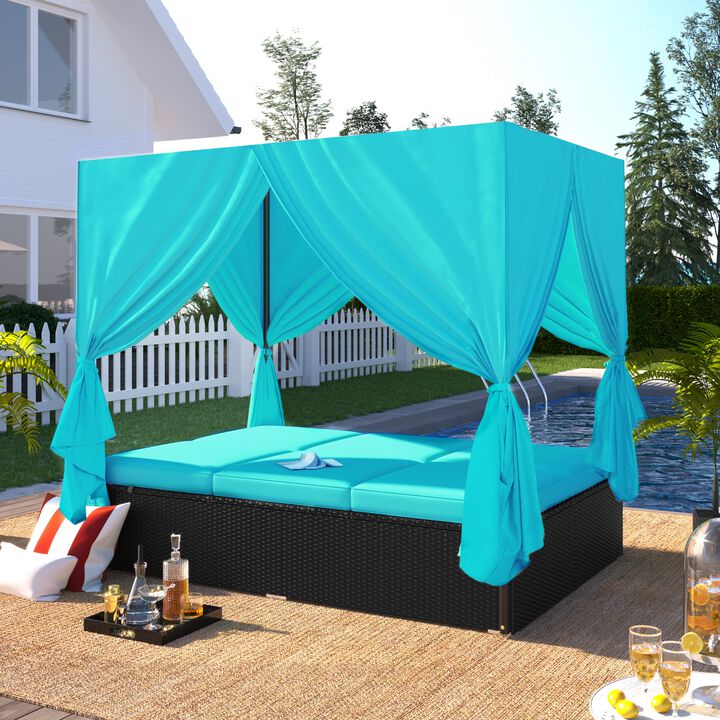 Mondawe Outdoor Patio Rattan Sunbed,With Cushions And Adjustable Seats PE Wicker Daybed