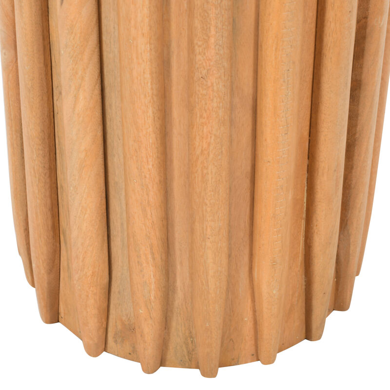 Sejo Side End Table, 20 Inch Round Top with Fluted Base in Natural Brown Mango Wood - Benzara
