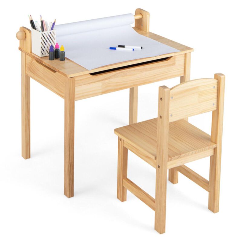 Hivvago Toddler Multifunctional Activity Table and Chair Set with Paper Roll Holder-Natural