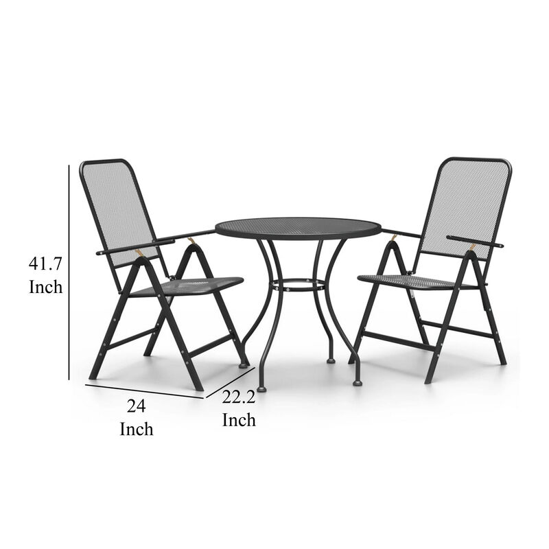 Ian 3 Piece Patio Breakfast Table, 2 Chairs Foldable Set, Black Metal - Benzara