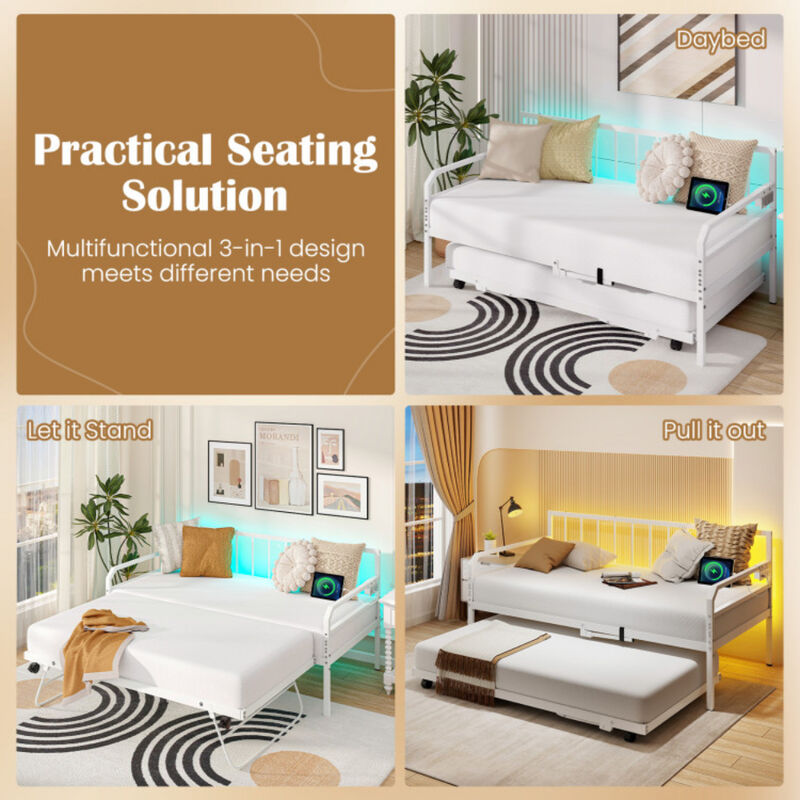 Adjustable Metal Twin Size Daybed with Charging Station and LED Light