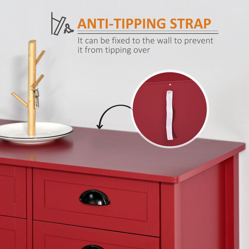 Red Dining Storage: Sideboard with 4 Drawers and Slatted Shelf