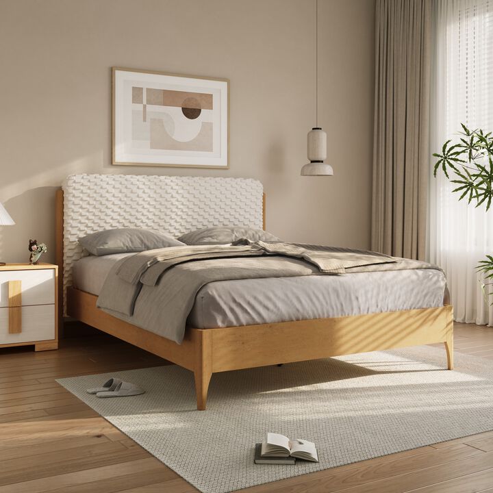 LuxenHome Quilted Upholstered Headboard with Rubberwood Frame Platform Bed, Queen