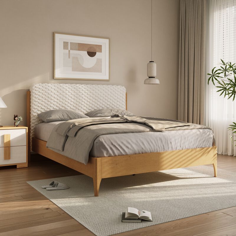 LuxenHome Quilted Upholstered Headboard with Rubberwood Frame Platform Bed, Queen