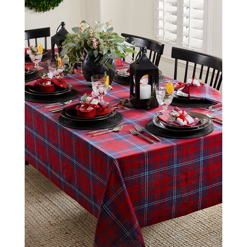 Solino Home 100% Pure Linen Red and Navy Tartan Plaid Tablecloth