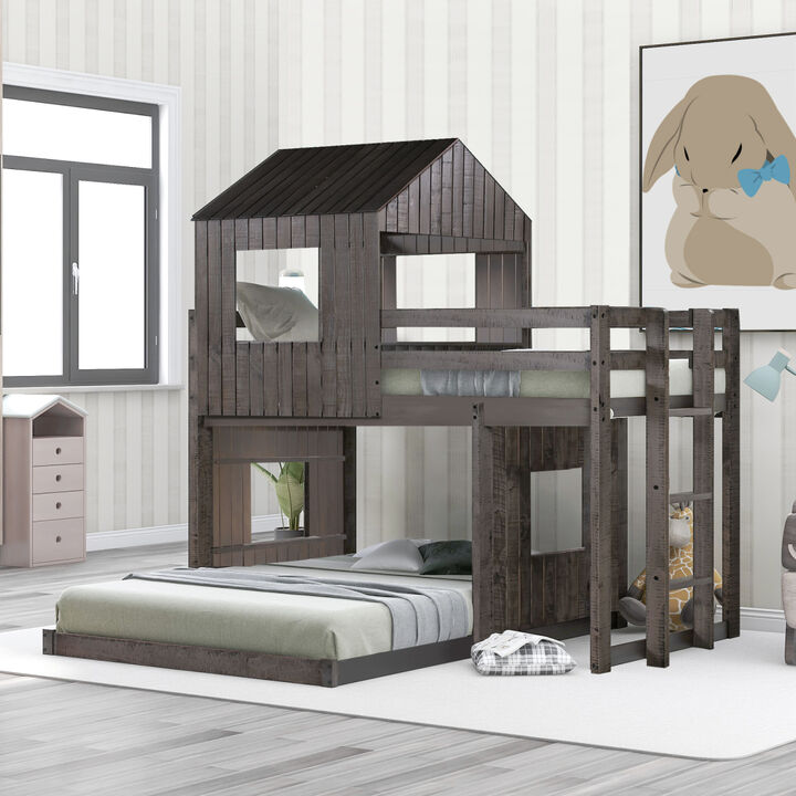Wooden Twin Over Full Bunk Bed, Loft Bed With Playhouse, Farmhouse, Ladder And Guardrails