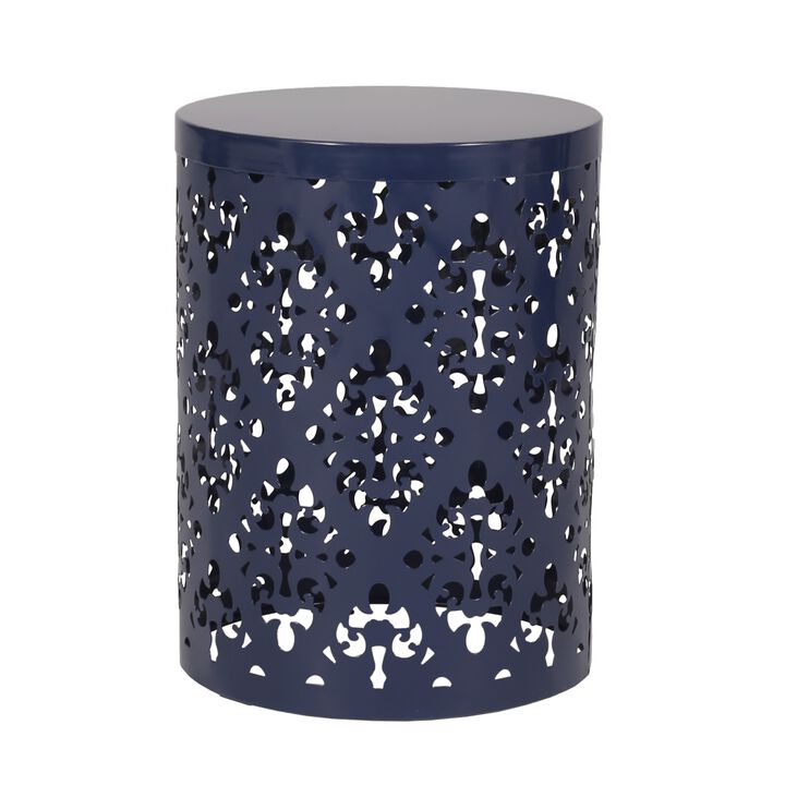 Kemo Outdoor End Table Set of 2, Round Top, Cutout Design, Navy Blue - Benzara