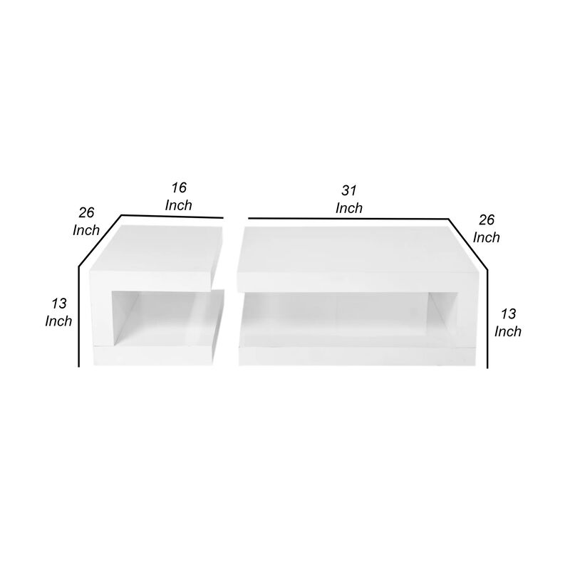 Jack 2 Piece Coffee Table Set, 2 Tiers, Tempered Glass, White Lacquer - Benzara