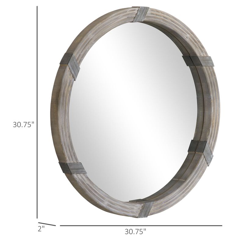Natural Wood Decor: 31 Inch Round Wall Mirror for Living Room