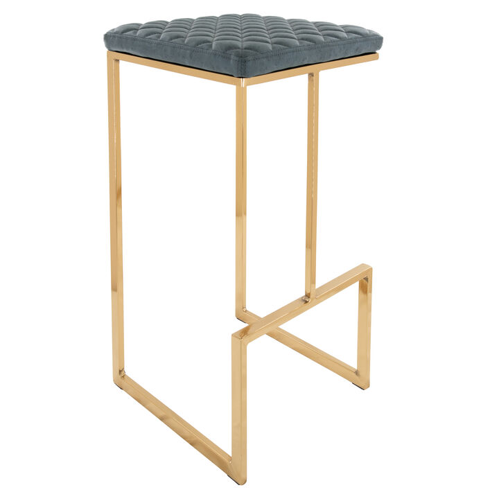 LeisureMod Quincy Stitched Leather Gold Metal Bar Stools in Olive Green