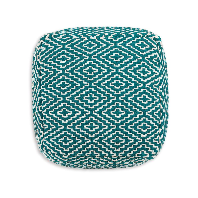 Sena 24 Inch Ottoman Pouf, Woven Pattern, Zipper Cotton Cover, Red White -