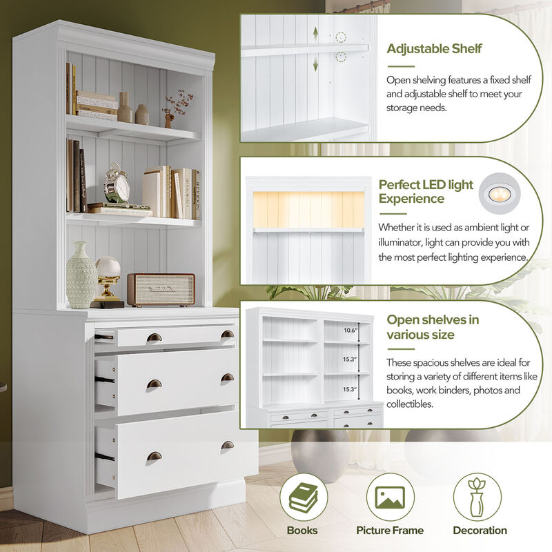 Merax 83.4"Tall Bookshelf Suite,Modern Bookcase Suite with LED Lighting, Drawers and Open Shelves,2-Piece Set Storage Bookshelf for Living Room,Home Office