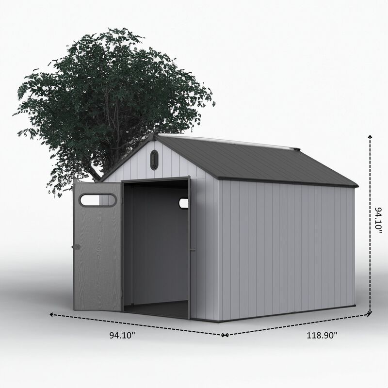 Mondawe 8x10ft Plastic Big Tool Storage,Rainproof Roof & Hinged Door,Weather-Resistant