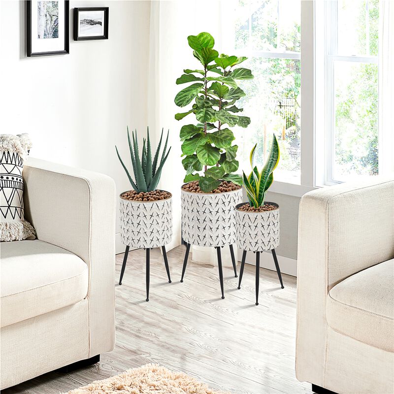 LuxenHome Set of 3 Distressed White and Black Metal Cachepot Planters with Legs