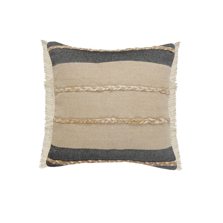 20" Black and Taupe Striped Square Throw Pillow with Jute Braiding
