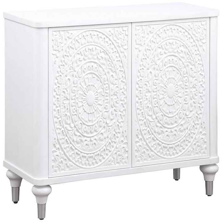 Cardi Accent Cabinet, 2 Medallion Carved Doors, 36 Inch Classic White - Benzara