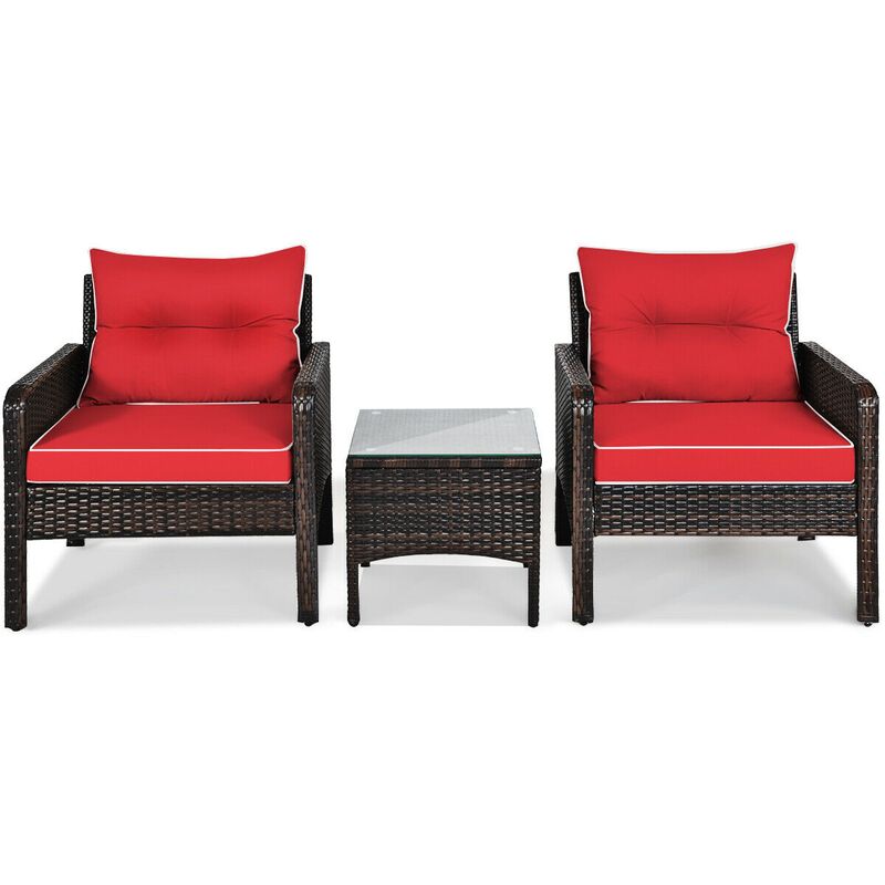 3 Pieces Outdoor Patio Rattan Conversation Set with Seat Cushions