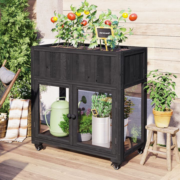 Mondawe 35.4x37.4" Outdoor Fir Wood Garden Cold Frame,With Anti-Tip Design And Removable Wheels