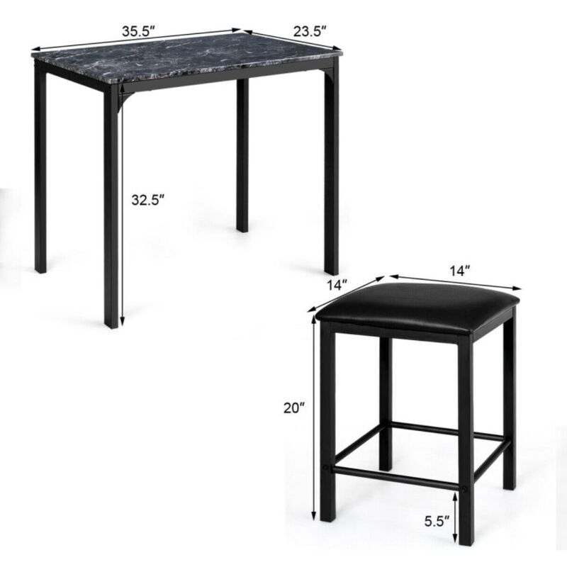 Hivvago 3 Pieces Dining Table Set with Faux Marble Tabletop and 2 Chairs Ideal for Small Space