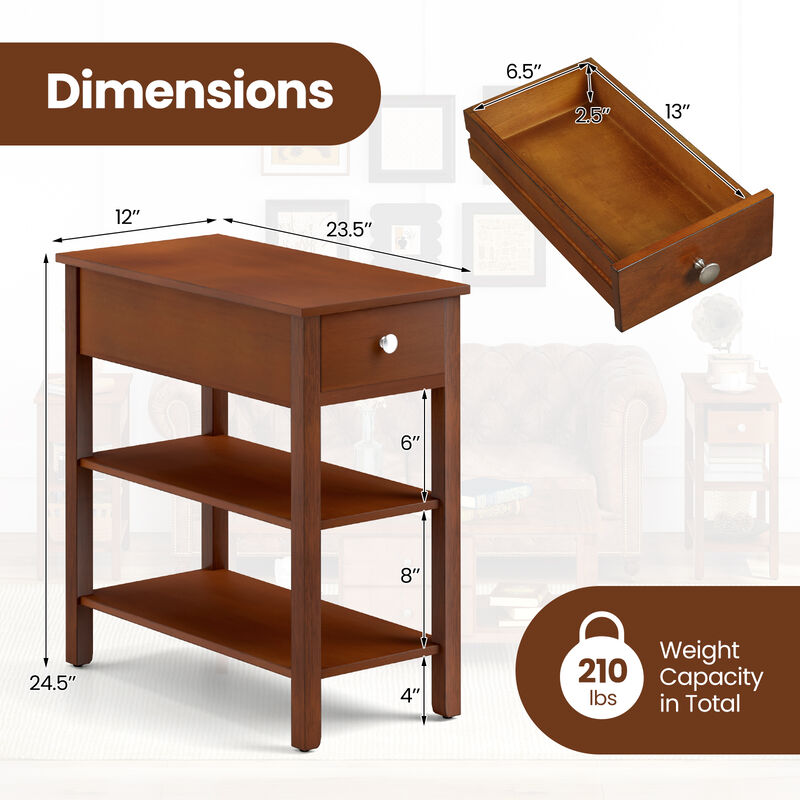 3-Tier Narrow End Table with Drawer and Storage Shelves, Set of 2 for Compact and Organized Living Spaces