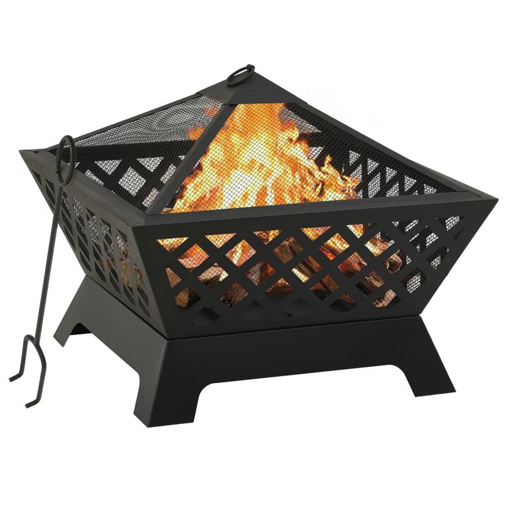 Outdoor Fire Pit with Poker n Mesh Cover, 25 Inch Square, Black Steel - Benzara