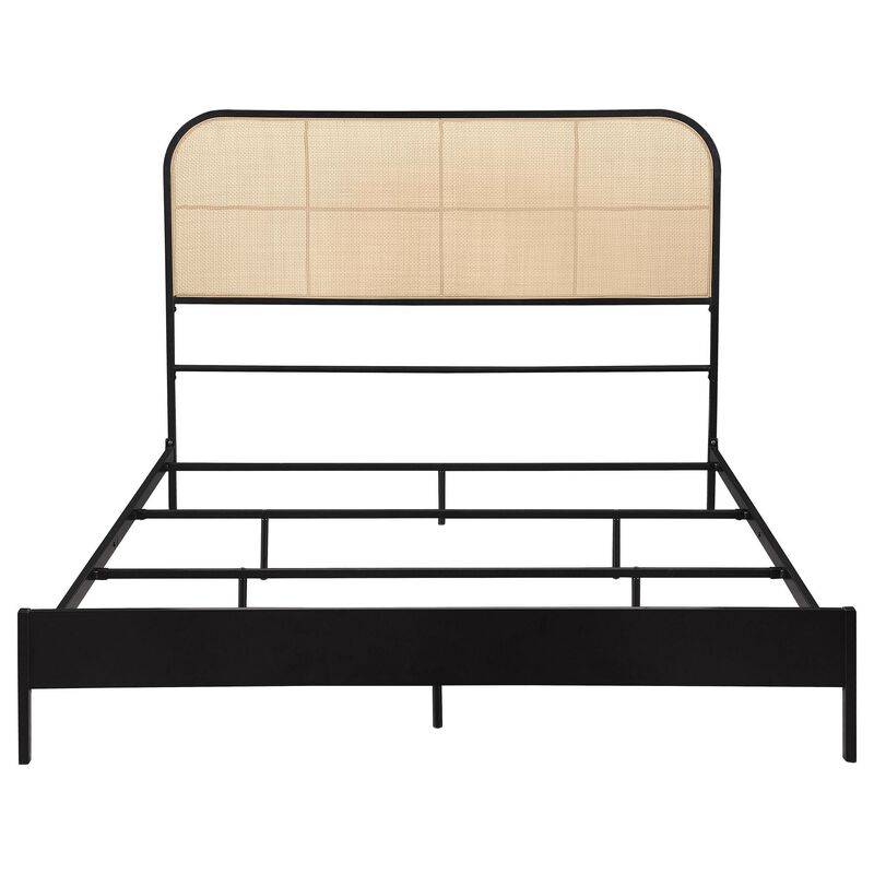 Ammy Full Bed, Radio Weave Headboard, Brown Faux Rattan, Black Metal  - Benzara