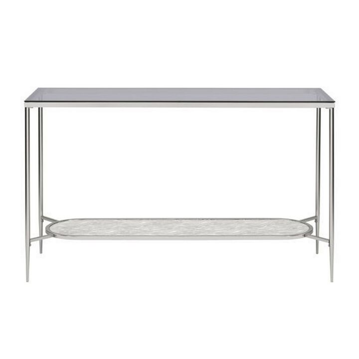 Sofa Table with Textured Obround Shelf, Silver-Benzara