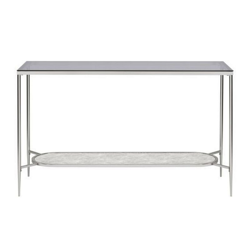 Sofa Table with Textured Obround Shelf, Silver-Benzara