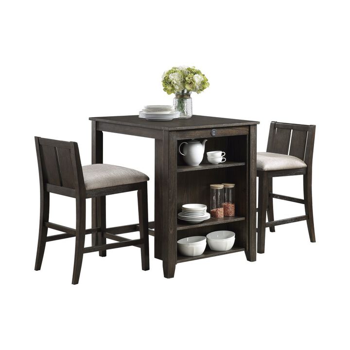 Wooden 3 Piece Counter Set with USB Plugin and Panel Back Chair, Brown - Benzara