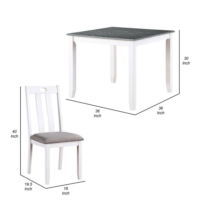 Helio 5 Piece Dining Table and Chairs Set, White Wood, Gray Fabric Seats - Benzara
