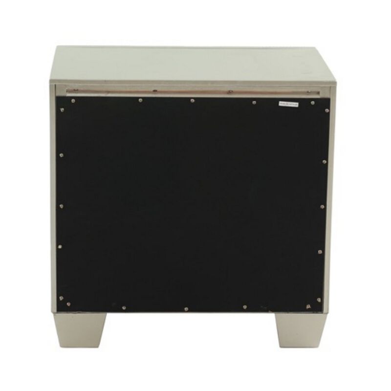 Dem 26 Inch Nightstand with 2 Drawers, Platinum Trim, Silver Wood Finish - Benzara