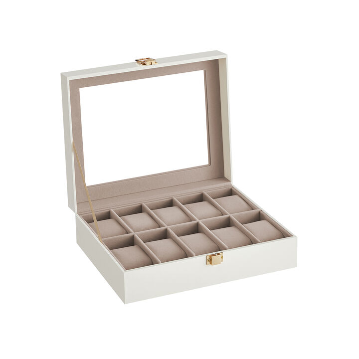10-Slot Box with Glass Lid Jewelry Holder Case with Removable Pillow