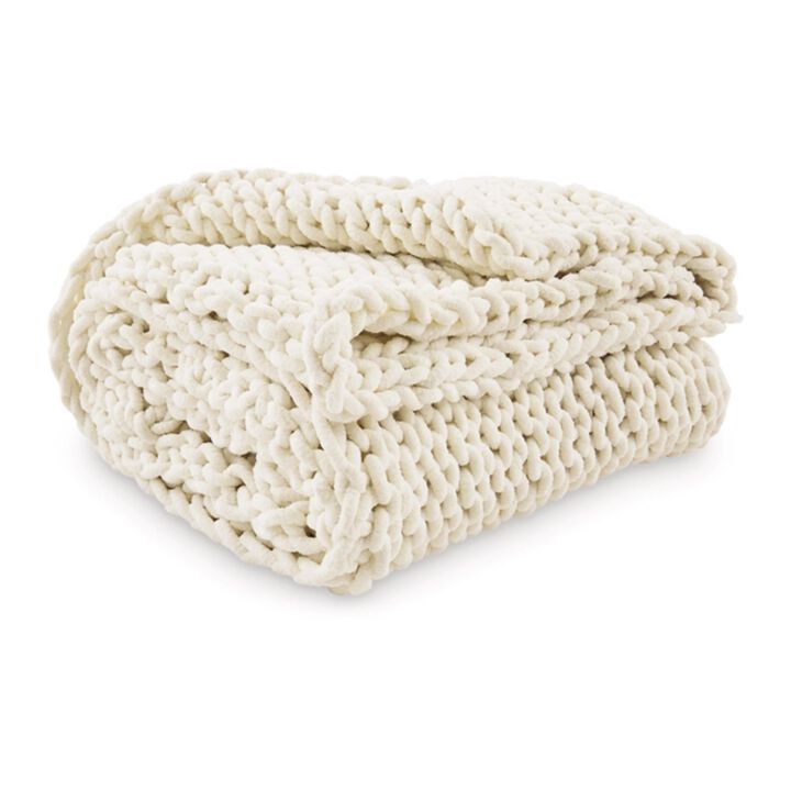 Deme Throw Blanket Set of 3, Hand Knitted Soft Chunky Chenille, Ivory White - Benzara