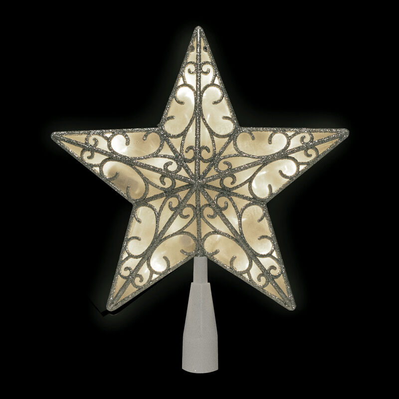 9" LED Lighted Silver Glitter Star Christmas Tree Topper  Warm White Lights