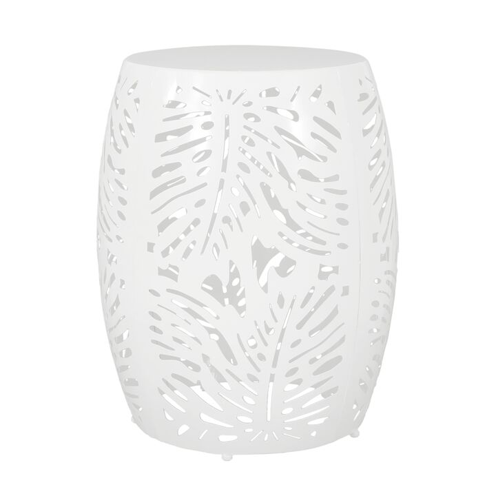 Miami Outdoor End Table Stool, Palm Leaf Pattern, White Iron, 17 Inch - Benzara