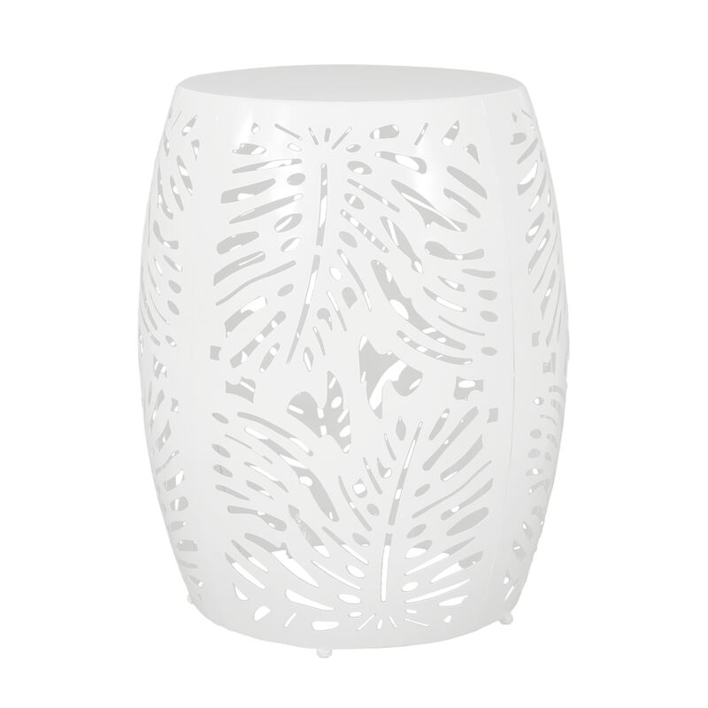 Miami Outdoor End Table Stool, Palm Leaf Pattern, White Iron, 17 Inch - Benzara