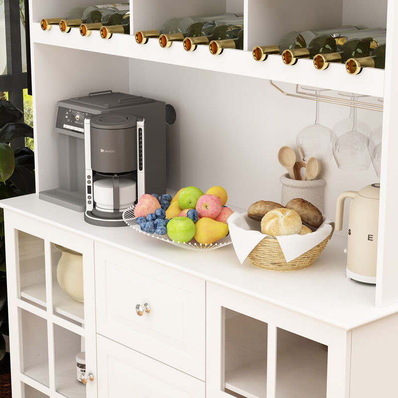 White Wooden Sideboard, Food Pantry, Storage Cabinet with 3 Drawers, 13 Shelves and Wine Rack
