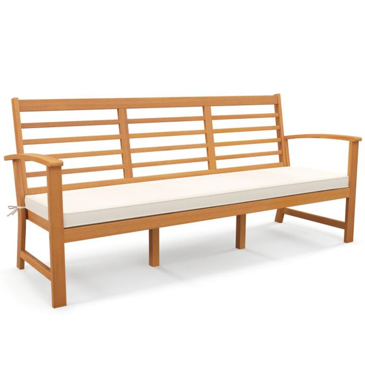 Hivvago Patio 64 Inch Wood Bench with Seat Cushion and Slatted Seat for Backyard-Off White
