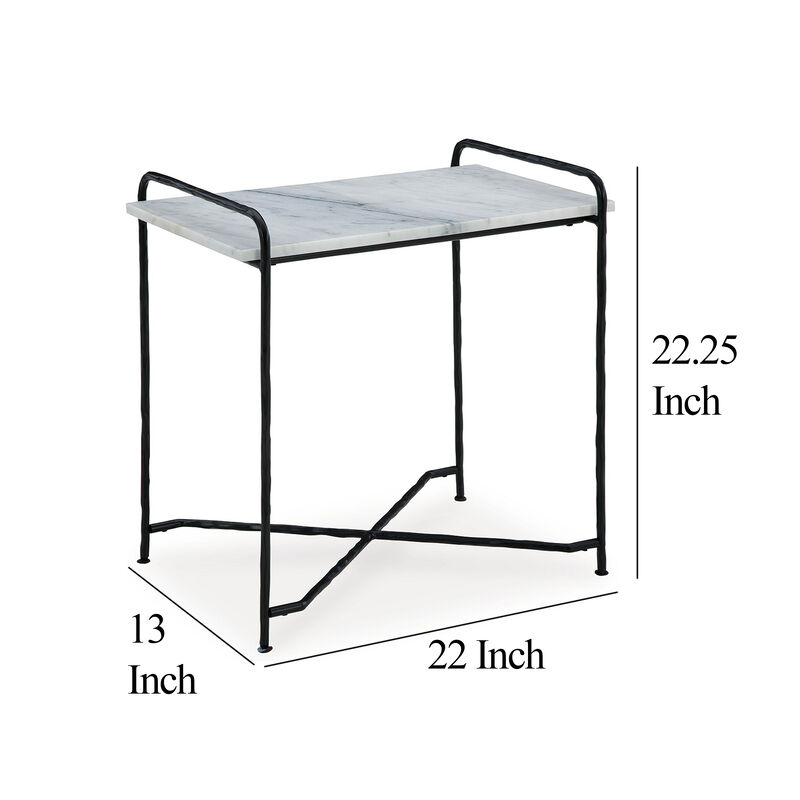 Accent Table, 22 Inch White Marble Top, Industrial Black Metal Legs - Benzara