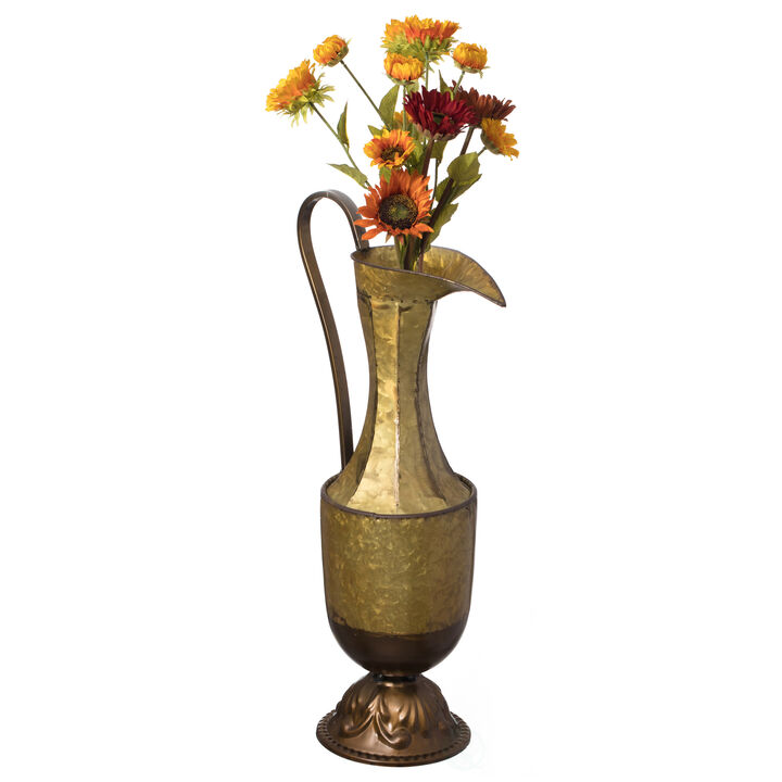 Decorative Antique Style 1 Handle Metal Jug Floor Vase - 20.75 in Tall Vintage Inspired Rustic Design for Entryway, Living Room, or Dining Room - Ideal for Flower Arrangements, Greenery