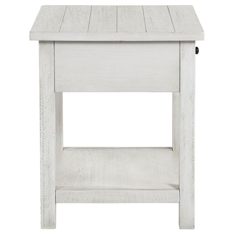 Ayne Side End Table, 1 Drawer, Distressed White Wood, Square 20 Inch - Benzara