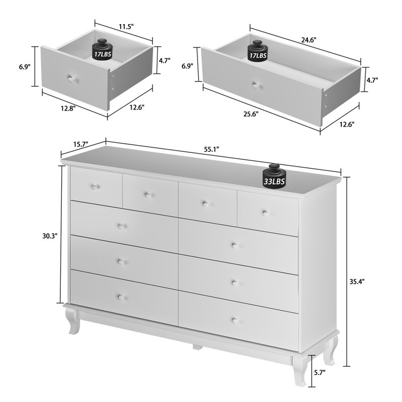 Black 10-Drawers Wood Double Chest of Drawer 55.1 in. W x 15.7 in. D x 35.4 in. H Dresser Organizer