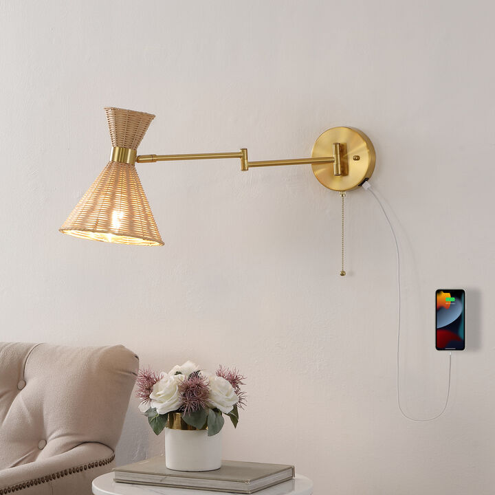 Lily 25" 1-Light Mid-Century Vintage Retro Rattan/Metal USB Charging Swing Arm LED Sconce with Pull Chain, Light Brown/Brass Gold