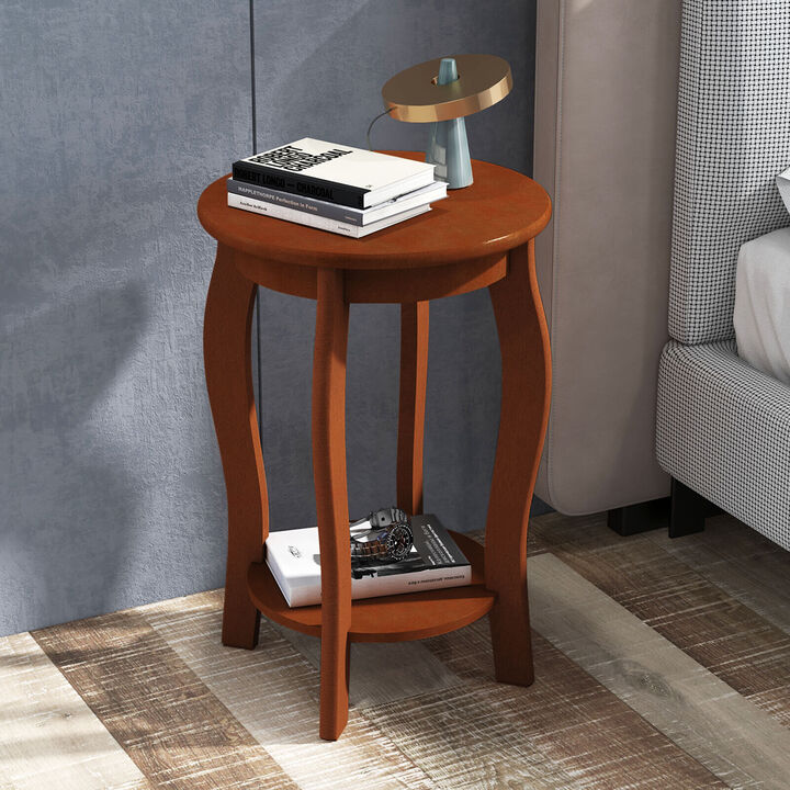 15 Inch 2-Tier Round End Table with Storage Shelf - Walnut